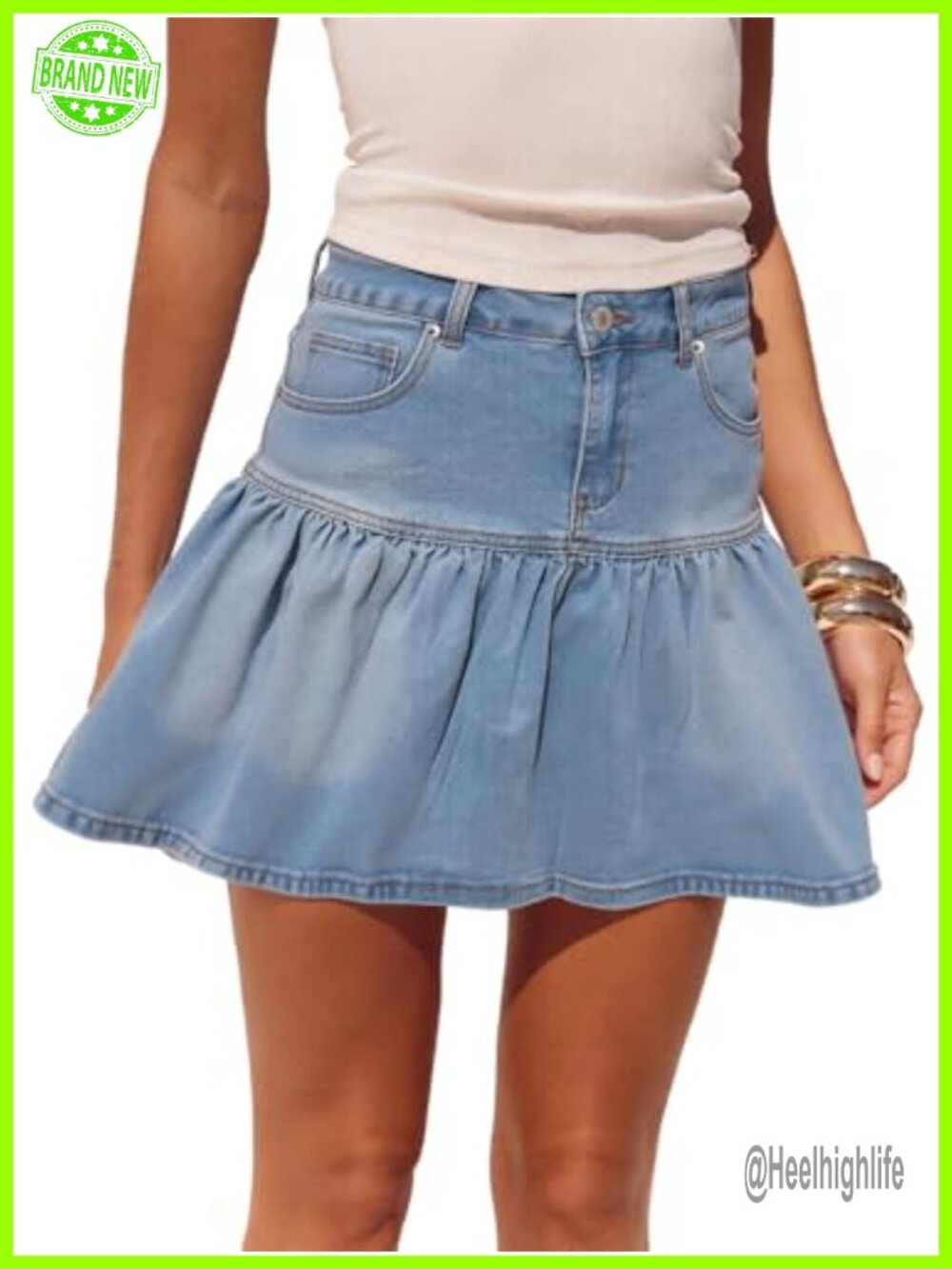 High Waist Button Down Denim Midi Skirt Front Slit Pockets